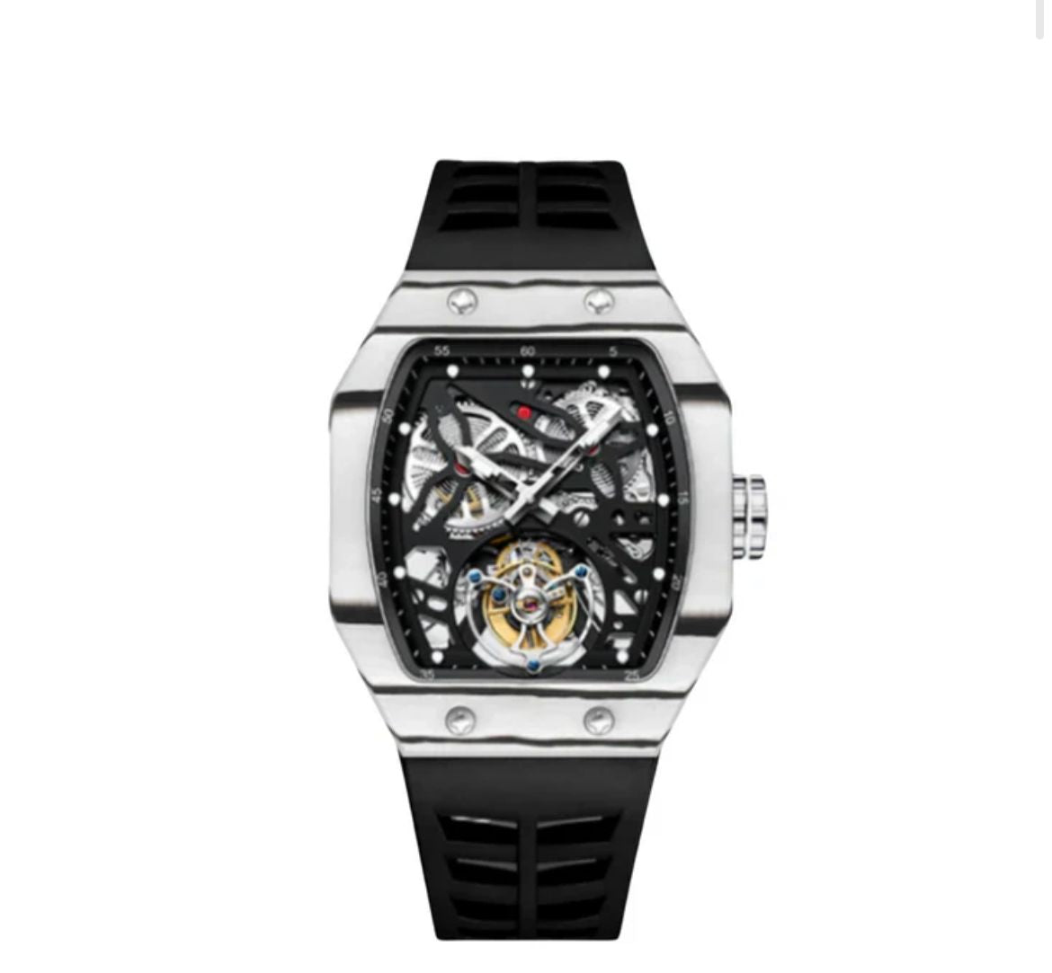 AESOP Carbon Fiber Bezel Tonneau Case Skeleton Tourbillon Watch 7036